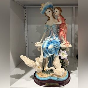 Elegant Mother and Child Figurine in Blue and Pink